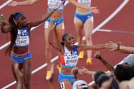 Twanisha Terry and Melissa Jefferson celebrate after winning gold in the Women's 4x100m Relay Final at the World Athletics Championships 2022. (Photo by Andy Lyons/Getty Images for World Athletics)